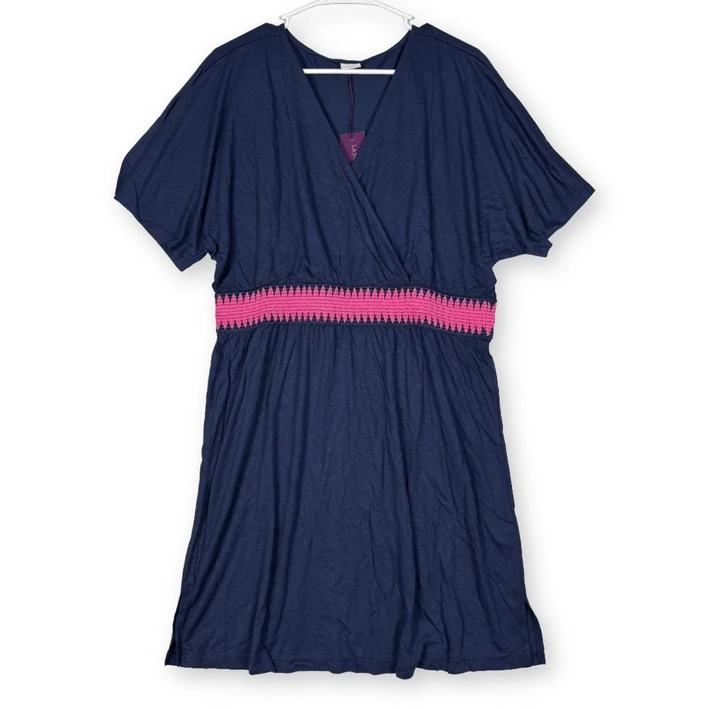 Lascana Navy Blue Pink Embroidered Waist V-Neck Dress Size 12 X29016-12-NV